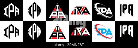 IPA-Logo-Design in sechs Ausführungen. IPA-Polygon, Kreis, Dreieck, Sechseck, flacher und einfacher Stil mit Schwarz-weiß-Farbvariation Buchstaben Logo se Stock Vektor
