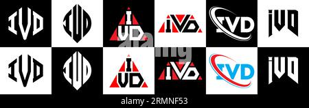 IVD-Logo-Design in sechs Ausführungen. IVD-Polygon, Kreis, Dreieck, Sechseck, flacher und einfacher Stil mit schwarz-weißer Farbvariante des Buchstaben-Logos Stock Vektor