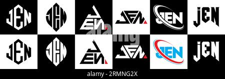 JEN-Logo im 6er-Stil. JEN-Polygon, Kreis, Dreieck, Sechseck, flacher und einfacher Stil mit schwarz-weißer Farbvariation Buchstaben Logo se Stock Vektor