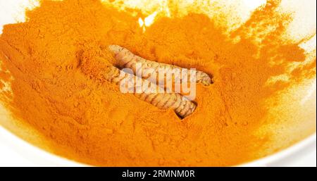 Kurkuma, Kurkuma longa, Wurzel fällt auf Kurkuma Pulver, indische Gewürze Stockfoto