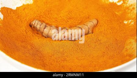 Kurkuma, Kurkuma longa, Wurzel fällt auf Kurkuma Pulver, indische Gewürze Stockfoto