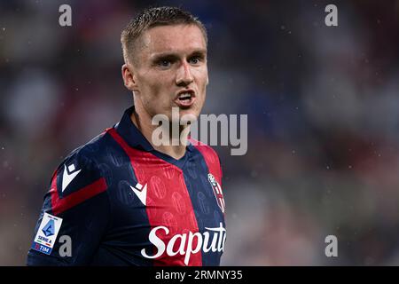 Michel Aebischer vom FC Bologna reagiert während des Fußballspiels der Serie A zwischen dem FC Juventus und dem FC Bologna. Stockfoto