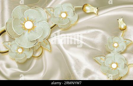 3D-Tapetenillustration des Blumenhintergrunds Silber Stockfoto