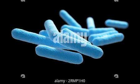 Bakterien. Isoliert. Prokaryotische Mikroorganismen. Blaue und schwarze Farbe. 3D-Abbildung. Stockfoto