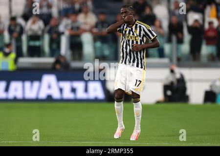 Turin, Italien. 27. August 2023. Samuel Iling-Junior von Juventus reagiert, als er in der zweiten Hälfte des Spiels im Allianz Stadion in Turin als Ersatz auftritt. Auf dem Bild sollte stehen: Jonathan Moscrop/Sportimage Credit: Sportimage Ltd/Alamy Live News Stockfoto