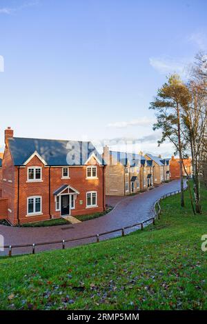 Ein neues Wohnhaus an einem sehr frühen Morgen im Dezember, als der Sonnenaufgang sein Licht durch Bäume an der Holzseite unter dem blauen Himmel über ihm dämpft. Stockfoto