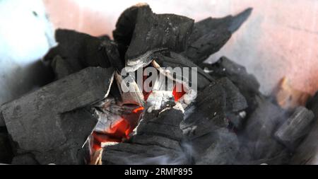 Holzkohlestücke auf einem Grillherd, die ein Feuer zum Kochen oder Braten von Fleisch anzünden Stockfoto
