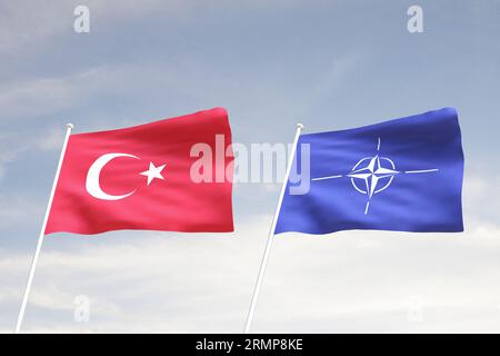 Flaggen der TÜRKEI und der NATO mit bewölktem blauem Himmelshintergrund, WAR 3D-Rendering Stockfoto