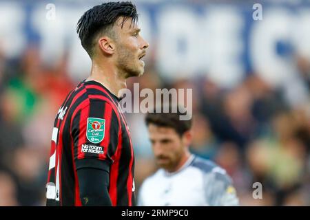 Swansea, Großbritannien. 29. August 2023. Kieffer Moore aus Bournemouth Carabao Cup, Spiel der 2. Runde, Swansea City gegen AFC Bournemouth im Stadion Swansea.com in Swansea, Wales am Dienstag, den 29. August 2023. Dieses Bild darf nur zu redaktionellen Zwecken verwendet werden. Nur redaktionelle Verwendung, Bild von Andrew Orchard Sports Photography/Alamy Live News Stockfoto