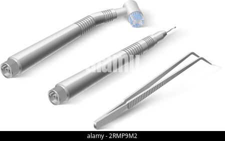 Zahnarztgrundinstrumente und -Werkzeuge. Ein Set metallmedizinischer Geräte für die zahnärztliche Zahnpflege. Zahnhygiene und Gesundheitskonzept Stock Vektor