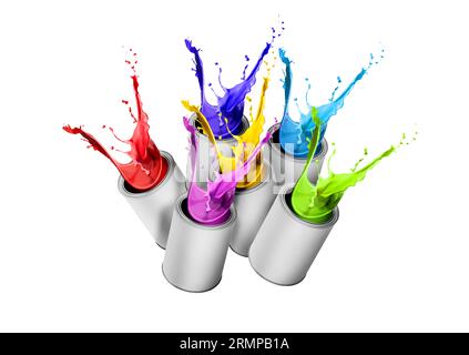 Farbe in verschiedenen Farben, die aus Dosen auf weißem Hintergrund spritzt Stockfoto