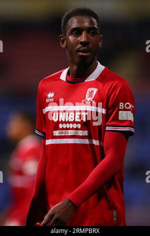 Bolton, Großbritannien. 26. August 2023. Isaiah Jones aus Middlesbrough während des Carabao Cup-Spiels Bolton Wanderers vs Middlesbrough im University of Bolton Stadium, Bolton, Vereinigtes Königreich, 29. August 2023 (Foto: Ryan Crockett/News Images) in Bolton, Vereinigtes Königreich am 26. August 2023. (Foto: Ryan Crockett/News Images/SIPA USA) Credit: SIPA USA/Alamy Live News Stockfoto