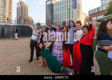 London, UK, 29. Juli 2023, Feria de Londres, das spanische Festival, Rückkehr nach London am 29. und 30. Juli. Findet im Wembley Park statt, einem brandneuen Ort. Zu den Höhepunkten zählen Flaminco-Tanz, spanische Musik, Essen und Wein. Andrew Lalchan Photography/Alamy Live News Stockfoto