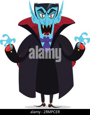 Frohe Halloween. Graf Dracula trägt einen schwarzen und roten Umhang. Nette Cartoon Vampir Charakter mit großen offenen Mund, Zunge, Reißzähne. Flaches Design. Vektor Abb. Stock Vektor