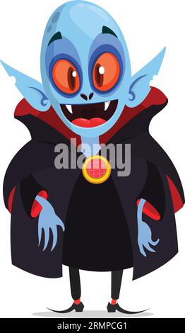 Frohe Halloween. Graf Dracula trägt einen schwarzen und roten Umhang. Nette Cartoon Vampir Charakter mit großen offenen Mund, Zunge, Reißzähne. Flaches Design. Vektor Abb. Stock Vektor