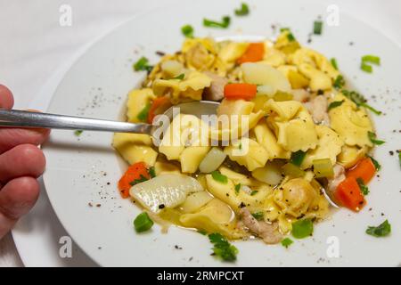 Traditionelle italienische Tortellini (Capeletti, Agnolini) Suppe mit Huhn und Gemüse, spezielle Suppe für kalte Nächte Stockfoto