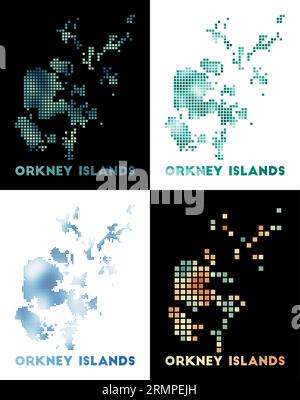 Karte der Orkney-Inseln. Sammlung von Karten der Orkney-Inseln im gepunkteten Stil. Die Inselgrenzen sind für Ihr Design mit Rechtecken gefüllt. Vektorillustra Stock Vektor