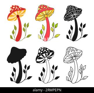 Pilz Psychedelic fantastisches Fliegenpilz-Agar-Set. Farbige Comic-Silhouette oder Symbol-Doodle-Tätowierung, Linie verzierte surreale spirituelle Pilze. Stylizes Retro-Hippie-Pilz-Alchemie-Vektor-Sammlung Stock Vektor