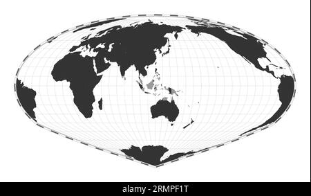 Vektor-Weltkarte. Die Sinu-Mollweide-Projektion von Allen K. Philbrick. Plain World geografische Karte mit Breiten- und Längenlinien. Zentriert auf 120° W Stock Vektor