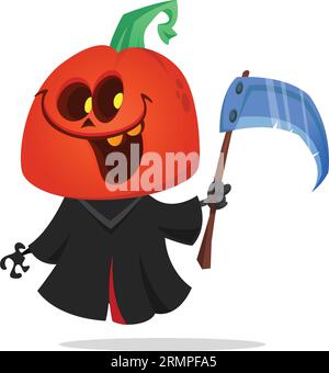 Grimmiger Sensenmann Kürbiskopf-Zeichentrickfigur mit Sense. Halloween Jack o Laterne Illustration Design für Party Einladung oder Poster. Vektorscheuche Stock Vektor