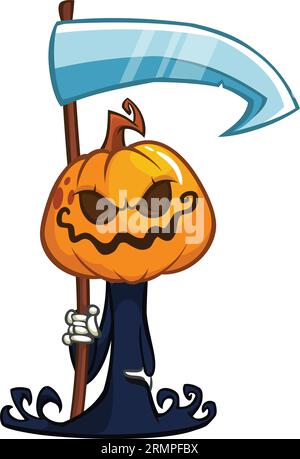 Grimmiger Sensenmann Kürbiskopf-Zeichentrickfigur mit Sense. Halloween Jack o Laterne Illustration Design für Party Einladung oder Poster. Vektorscheuche Stock Vektor