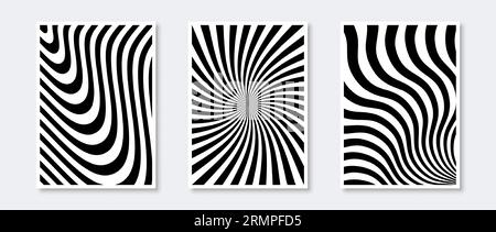 Sunburst and Waves Poster Kollektion. Wellige Sonnenstrahlen-Elemente. Schwarzweiß-Monochrom-Wave-Vorlagen für Cover, Banner, Einladung, Flyer. Abstrakte Kunsttapete. Vektor Stock Vektor
