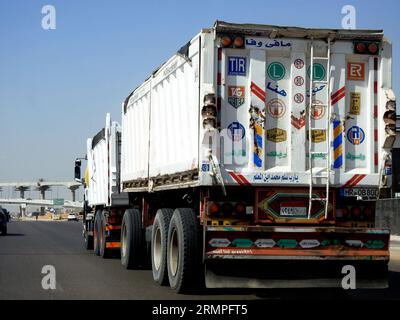 Kairo, Ägypten, 21. August 2023: Tieflader, großes Fahrzeug mit einem Transportcontainer aus Stahl auf einer Autobahn in Ägypten, Versand- und Lieferservice con Stockfoto