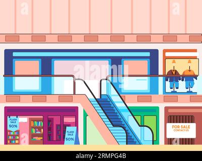 Einkaufszentrum, Markthalle, Innengebäude, moderne Einrichtung mit Kleidung, Anzug, Buchhandlung, Konsumgüter Stock Vektor