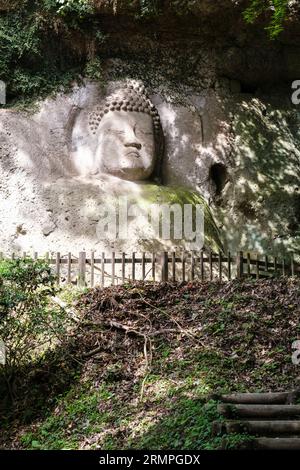 Japan, Kyushu, Kunisaki-Halbinsel. Kumano Magaibutsu, buddhistische Steinmauer Relief Schnitzerei von Dainichi Nyorai Buddha aus dem 8. Jahrhundert. Stockfoto