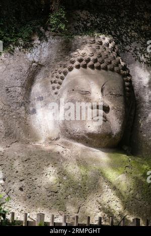 Japan, Kyushu, Kunisaki-Halbinsel. Kumano Magaibutsu, buddhistische Steinmauer Relief Schnitzerei von Dainichi Nyorai Buddha aus dem 8. Jahrhundert. Stockfoto