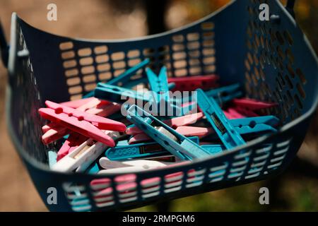 Ein Korb mit Wäscheklammern in Pink und Blau Stockfoto