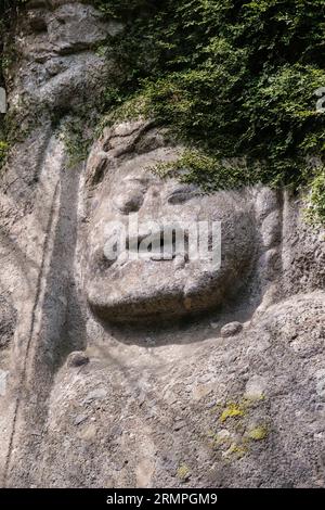 Japan, Kyushu, Kunisaki-Halbinsel. Kumano Magaibutsu, buddhistische Steinmauer Relief Schnitzerei von Fudo Myo-o aus dem 8. Jahrhundert. Präfektur Oita. Stockfoto