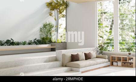 Inneneinrichtung einer modernen, hellen, geräumigen Lounge mit hohen Decken, Pflanzen und Bäumen im Innenbereich, komfortablem Sofa, großem Fenster und Stufen. Hotellounge, Stockfoto