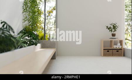 Inneneinrichtung eines Zimmers in modernem Loft-Stil mit Zimmerpflanzen, leeren weißen Wänden, Fenstern, Sitzbank und Dekor. Warteraum, Lounge oder liv Stockfoto