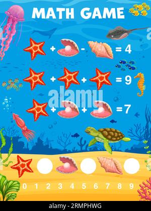 Mathematisches Arbeitsblatt. Zeichentricktiere, Fische und Muscheln. Lernrätsel, Kinder mathematisches Quiz Vektor-Arbeitsblatt mit Seesternen, Muscheln und Perlen, Stock Vektor