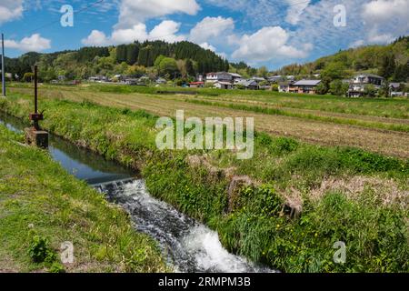 Japan, Kyushu, Bezirk Bungo Ono. Bewässerte landwirtschaftliche Felder und Häuser. Präfektur Oita. Stockfoto