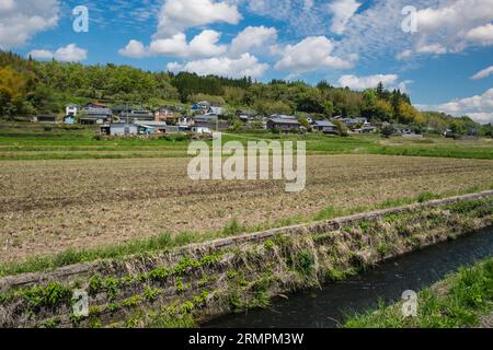 Japan, Kyushu, Bezirk Bungo Ono. Bewässerte landwirtschaftliche Felder und Häuser. Präfektur Oita. Stockfoto