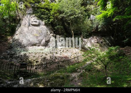 Japan, Kyushu. Kumano Magaibutsu, buddhistische Steinreliefschnitzerei von Fudo-Myo, 12.-14. Jahrhundert. Dainichi Nyorai Buddha ganz rechts, 8.-12. Jahrhundert. Stockfoto