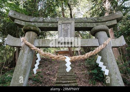 Japan, Kyushu. Torii-Tor mit Shimenawa-Seil und Schieferpapier-Luftschlangen am Eingang zur Treppe, die zum Shinto-Schrein über dem Fuki-JI Fuki-JI-Tempel führt. Stockfoto