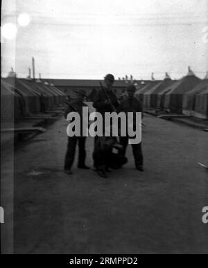 Gruppe von vier Soldaten in der Nähe von Zelten. Mitglieder der 114. Infanteriedivision der US-Armee trainieren im Zweiten Weltkrieg gegen Deutschland in Europa. Stockfoto