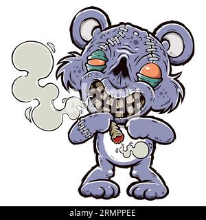 Vektor-Illustration von Cartoon Teddy Zombie Charaktere, Zombie Bär, böse Bär raucht eine Zigarette mit Marihuana Stockfoto