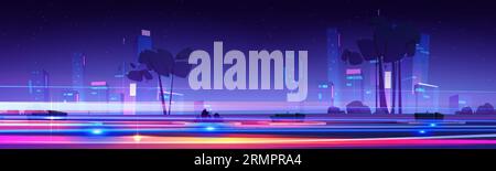 Nächtliche Stadtautobahn mit Verkehrsgeschwindigkeitseffekt. Vektor-Cartoon-Illustration der dunklen Stadtansicht mit beleuchteten Wolkenkratzern in der Innenstadt, Sternenhimmel, Autolichtspuren aus schneller Bewegung Stock Vektor