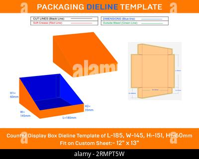 Pappschachtel für die Displaybox Stanzschablone für Kosmetik L 185xB 145XH1 60xH2 35 mm Stock Vektor