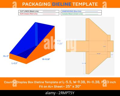 Theke Display Box Dieline Vorlage für Karton L 5,5 x B 9,38 x H1 11,38 x H2 3 Zoll Stock Vektor