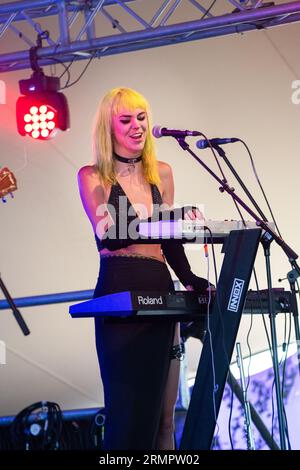 Goth Alternative Folk Band Message from the Ravens spielen Chai Wallahs Tent beim Green man Festival in Wales, Großbritannien, August 2023. Foto: Rob Watkins Stockfoto