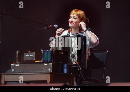 Dublin Contemporary Irish Folk Band LANKUM auf Mountain Stage beim Green man Festival in Wales, Großbritannien, August 2023. Foto: Rob Watkins Stockfoto