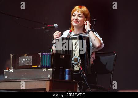 Dublin Contemporary Irish Folk Band LANKUM auf Mountain Stage beim Green man Festival in Wales, Großbritannien, August 2023. Foto: Rob Watkins Stockfoto