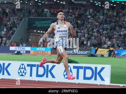 Budapest, Ungarn. 27. August 2023. Téo ANDANT von FRA Final 4X400M METER STAFFEL MÄNNER während der Weltmeisterschaften 2023 am 27. August 2023 in Nemzeti Atletikai Kozpont in Budapest, Ungarn. Foto Laurent Lairys/ABACAPRESS.COM Credit: Abaca Press/Alamy Live News Stockfoto