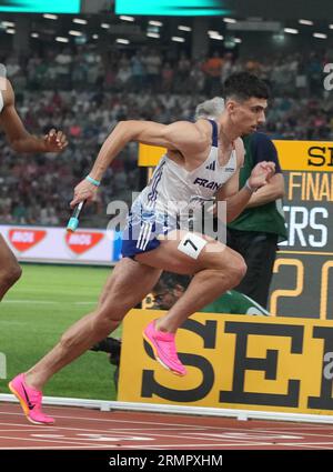 Budapest, Ungarn. 27. August 2023. Téo ANDANT von FRA Final 4X400M METER STAFFEL MÄNNER während der Weltmeisterschaften 2023 am 27. August 2023 in Nemzeti Atletikai Kozpont in Budapest, Ungarn. Foto Laurent Lairys/ABACAPRESS.COM Credit: Abaca Press/Alamy Live News Stockfoto