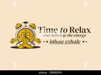 Time to relax and recharge energy, alarm clock mascot character in meditation pose, design in vintage style Stock Vector